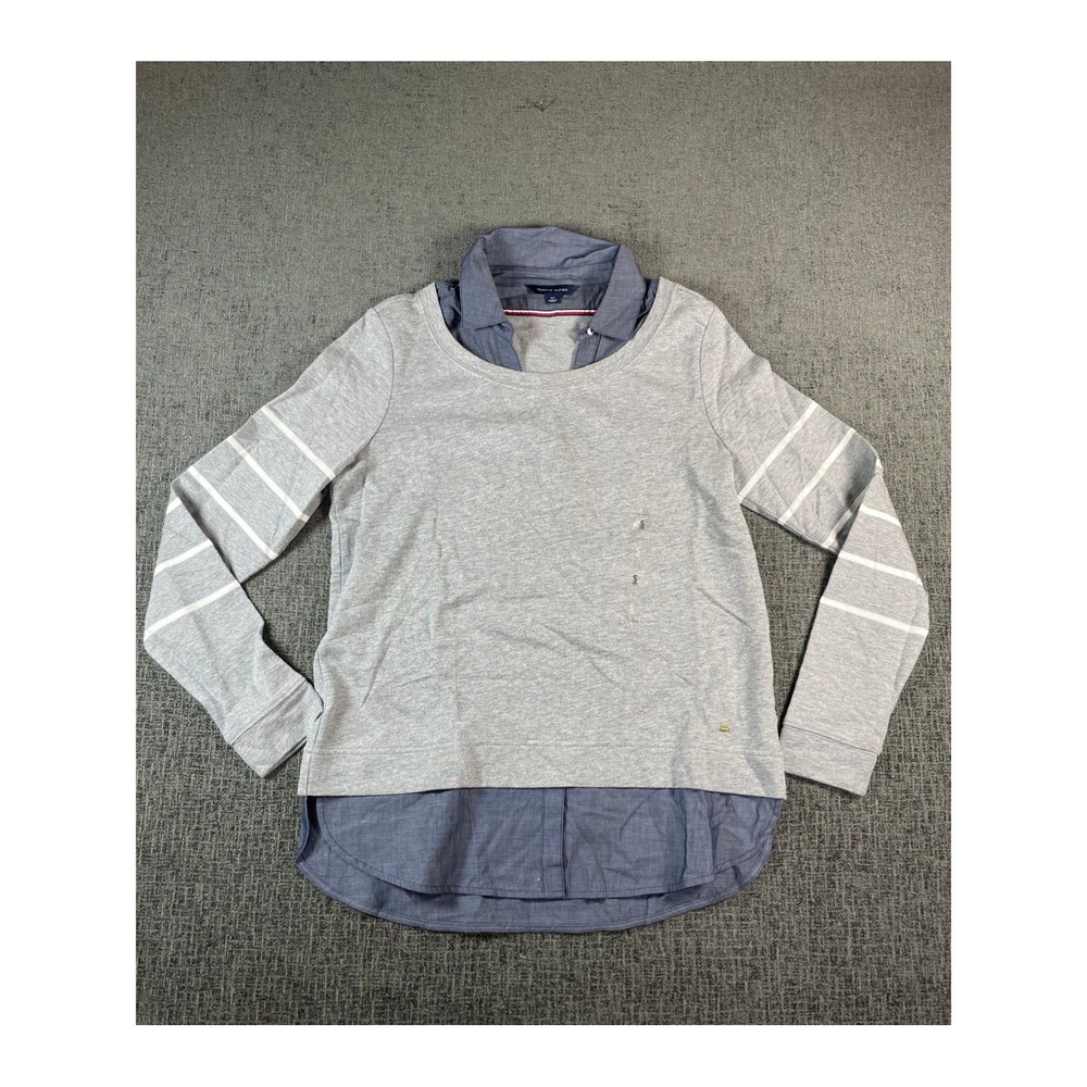 Tommy Hilfiger Womens 2-in-1 Layered Sweatshirt Gray‎ Striped Chambray Small